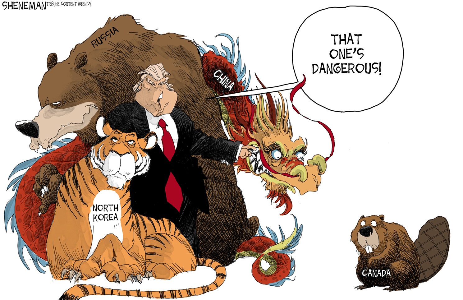 Political cartoon . Trump China Russia North Korea Canada allies