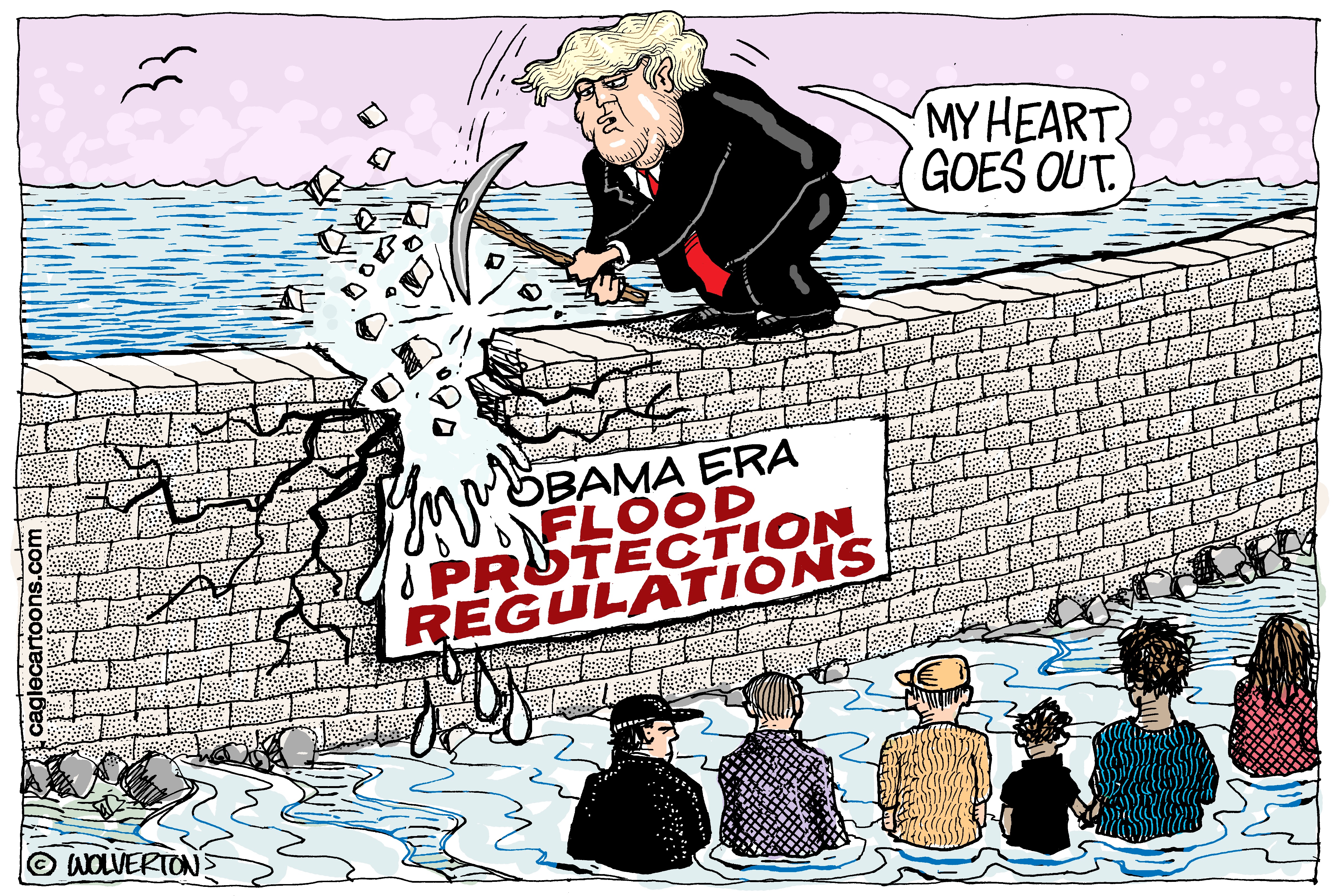 Political cartoon . Trump Obama flood protection regulations