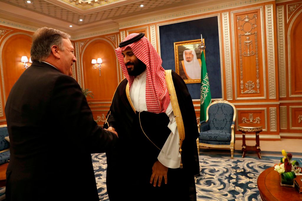 Secretary of State Mike Pompeo greets Saudi Crown Prince Mohammed bin Salman