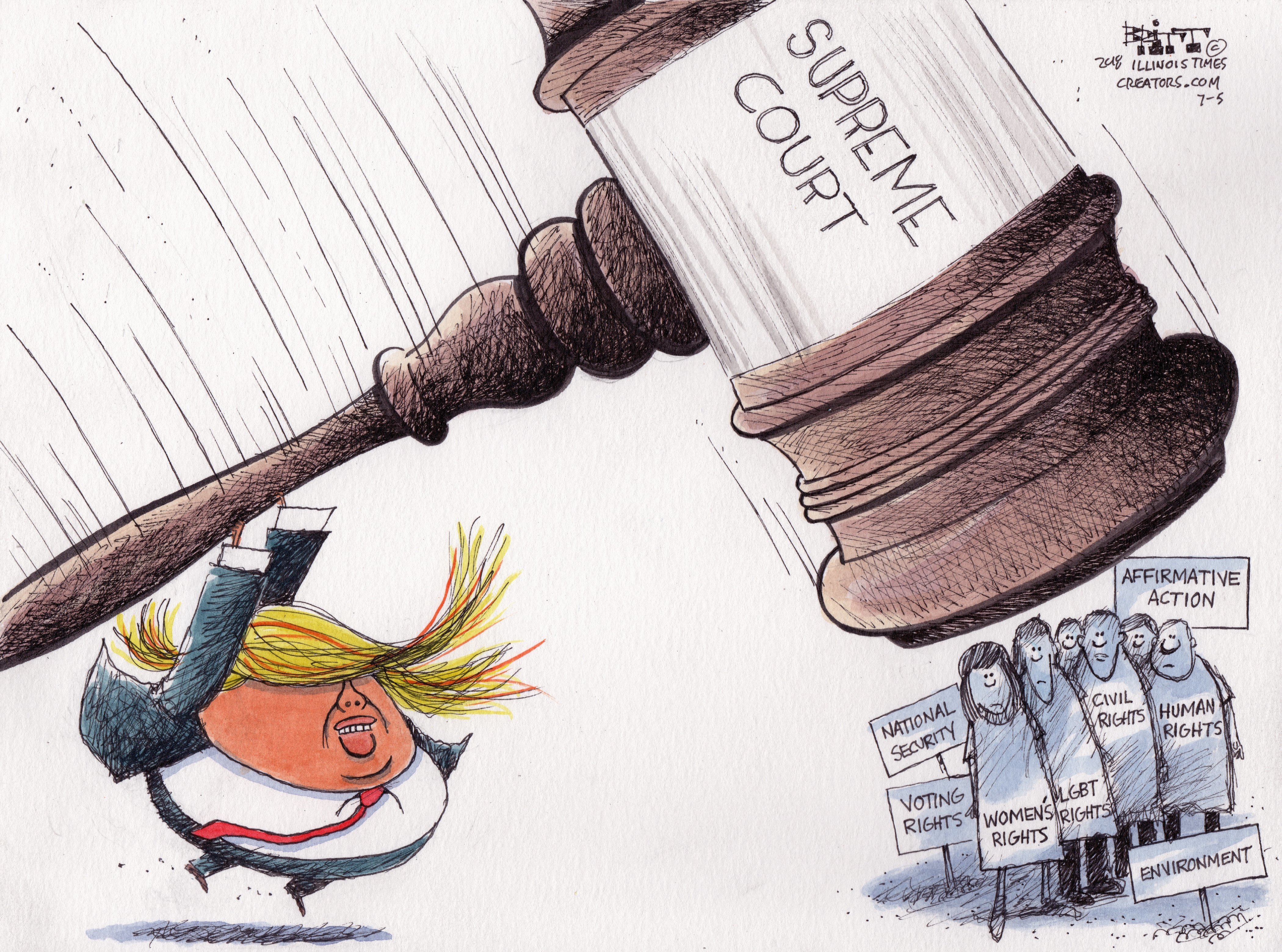 Political cartoon . Trump Supreme Court SCOTUS affirmative action human  rights national security