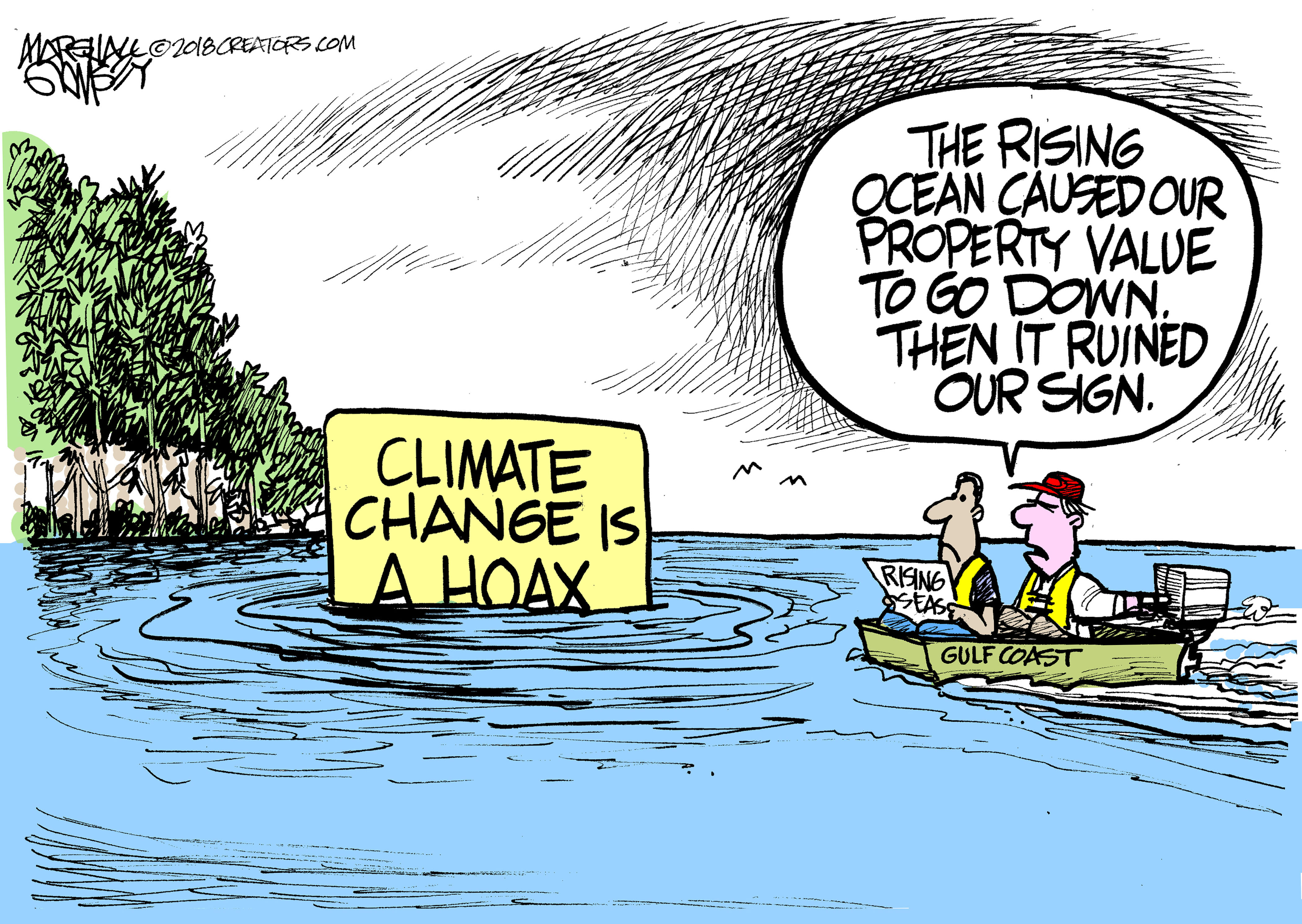 Editorial cartoon . Gulf Coast climate change hoax rising ocean levels  property value decline
