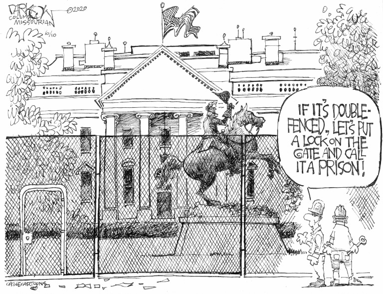 Political Cartoon U.S. Trump White House fencing prison