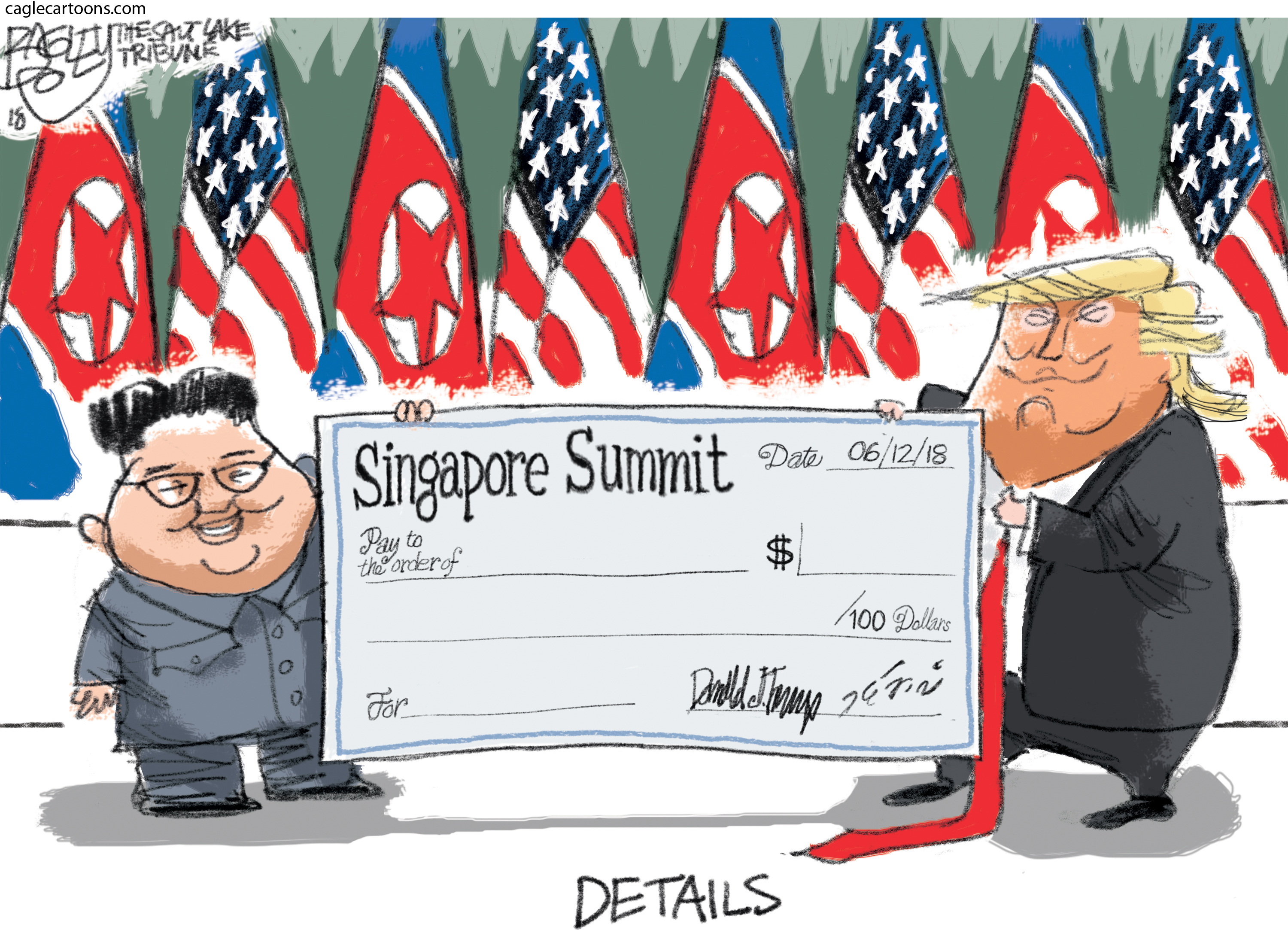 Political cartoon U.S. Kim Jong Un Trump North Korea Singapore nuclear summit blank check