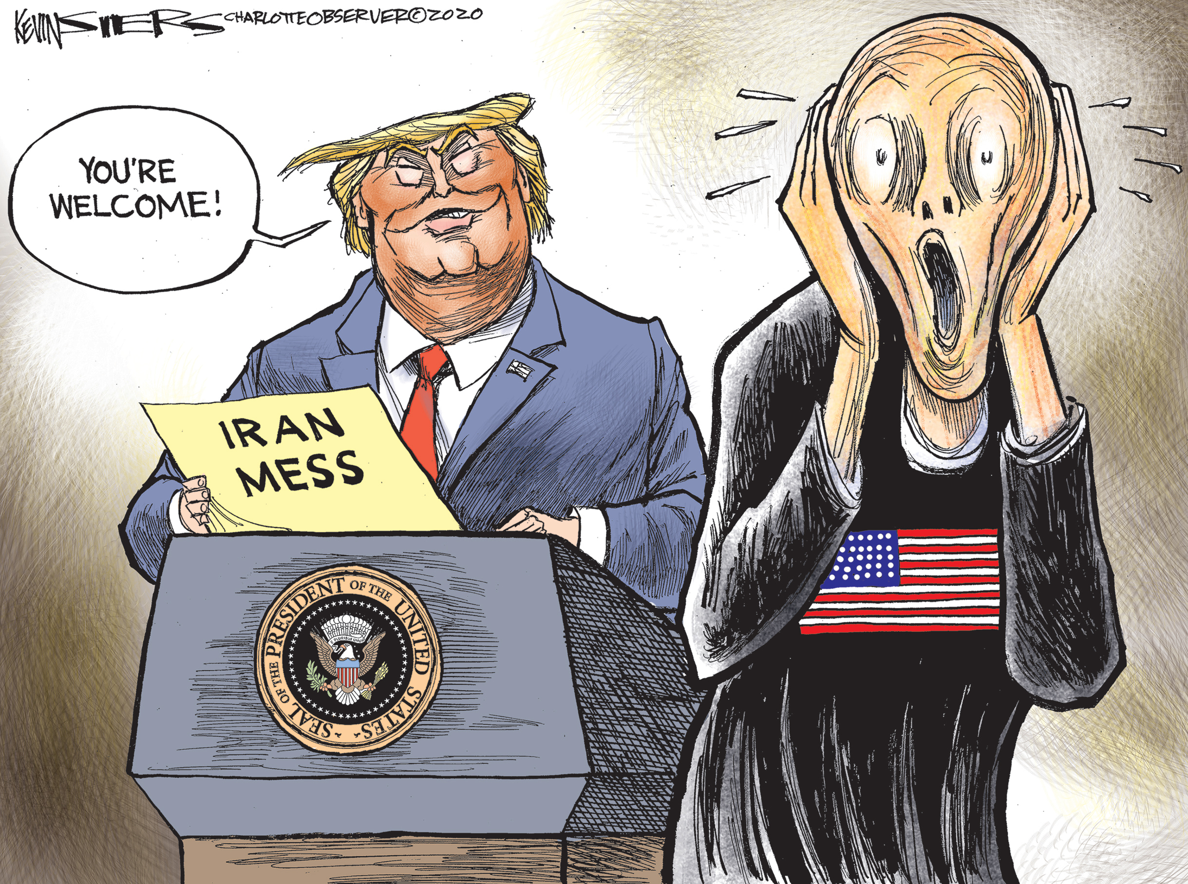 Political Cartoon . Trump Iran Mess The Scream