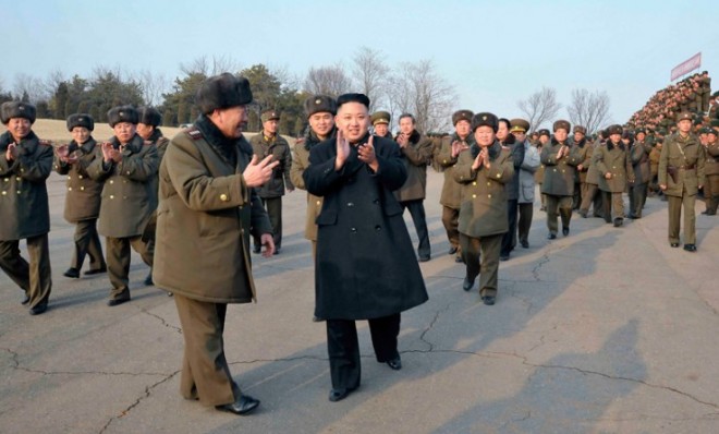North Korean leader Kim Jong-Un claps after inspecting the army&#039;s artillery firing drill on Feb. 26.