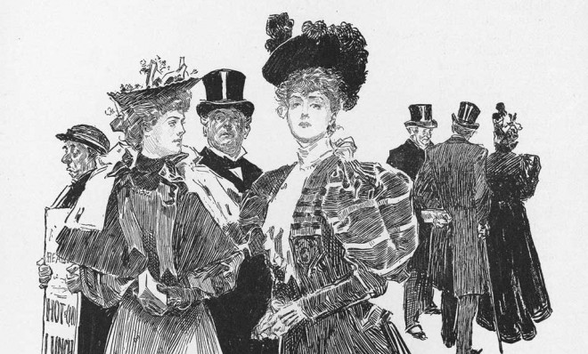 An untitled illustration by Charles Dana Gibson depicts a pair of fashionable young women in London, c. 1896-1898.