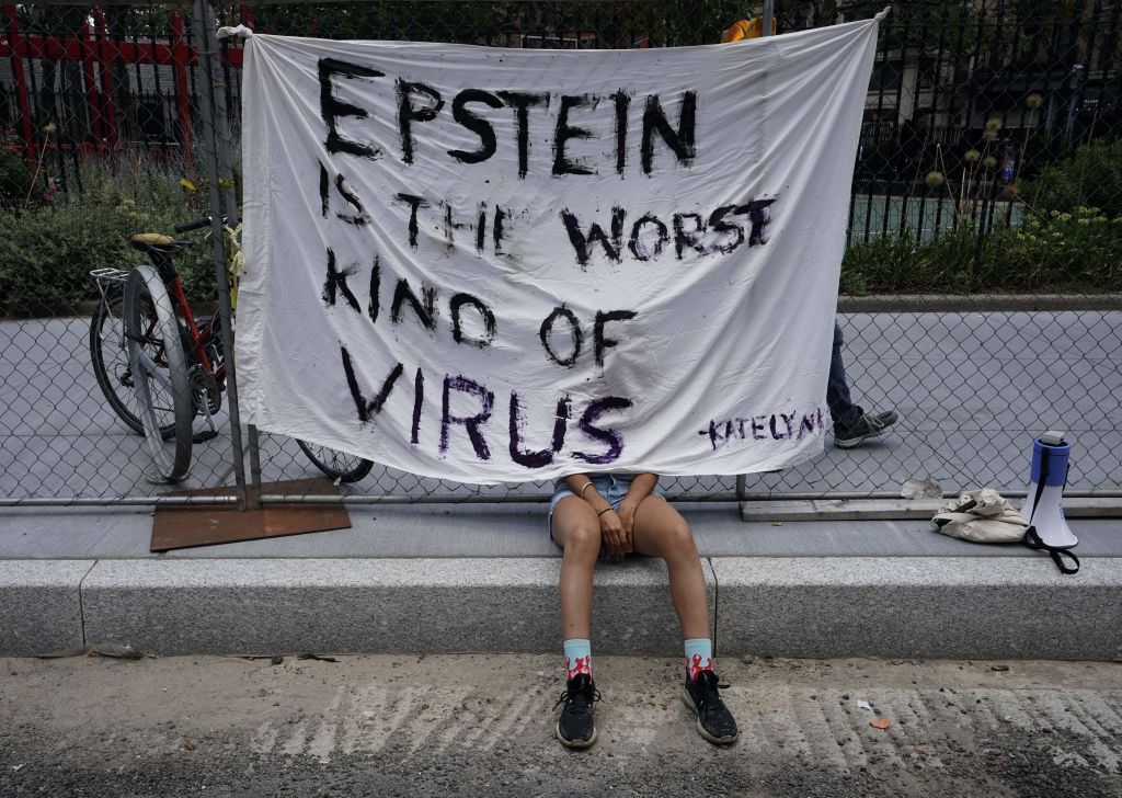 Protester outside hearing for Jeffrey Epstein collaborator Ghislaine Maxwell