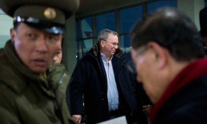 Google&#039;s Eric Schmidt arrives at Pyongyang International Airport in North Korea on Jan. 7.