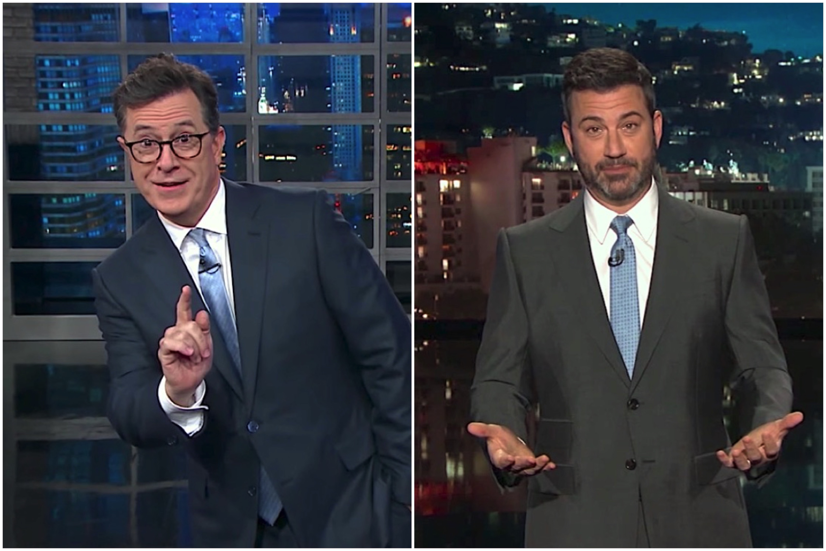 Stephen Colbert and Jimmy Kimmel laugh at Trump&#039;s &quot;Fake News&quot;