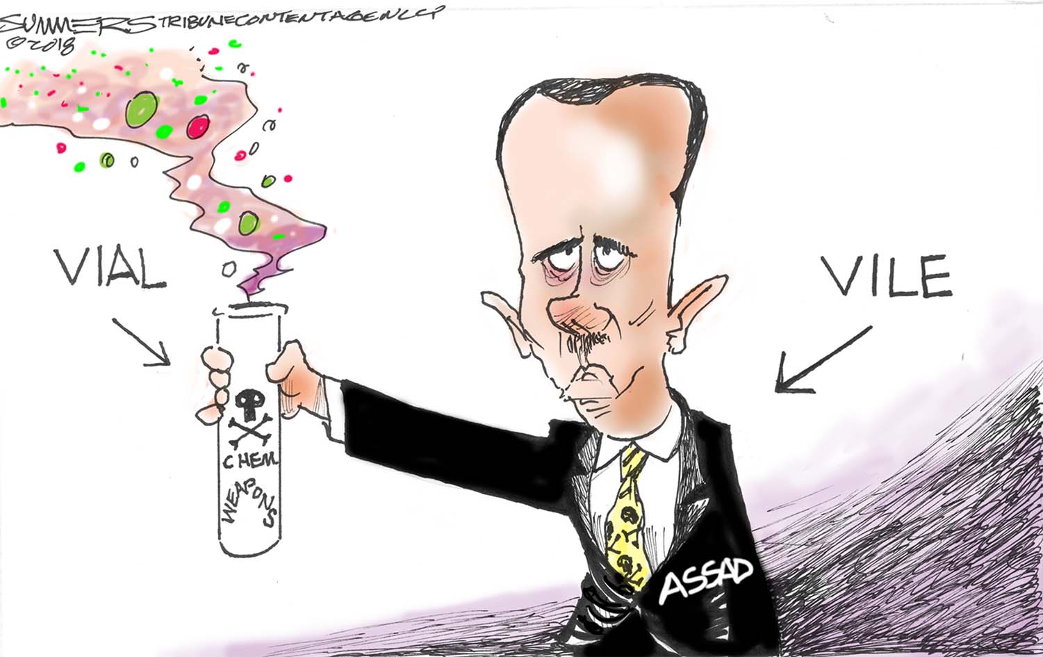 Political cartoon . Syria conflict chemical attacks Assad vile