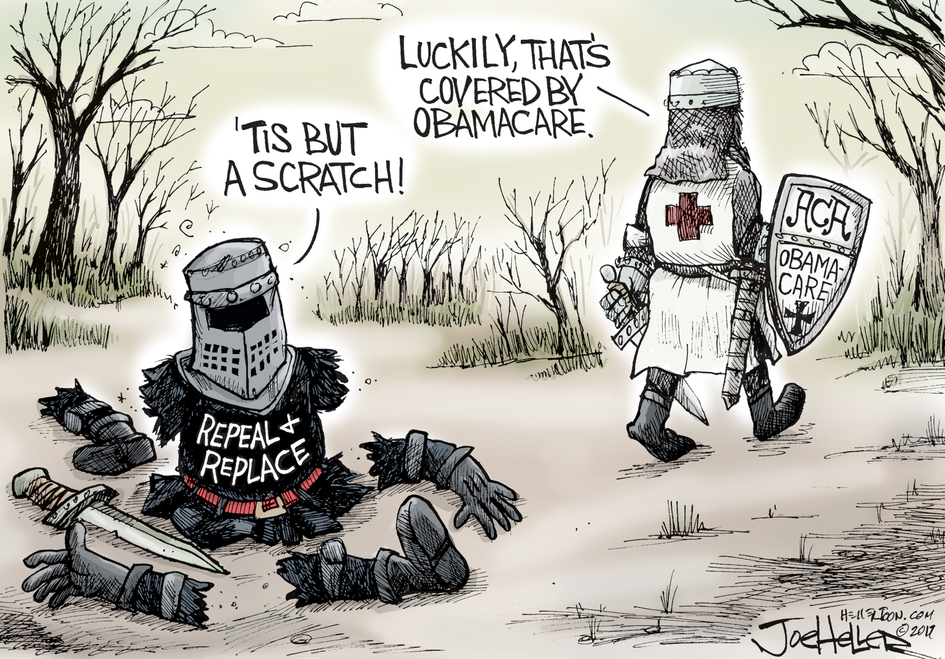 Political Cartoon . Monty Python Repeal Replace Obamacare health care  coverage