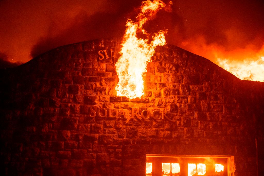 Flames destroy the Soda Rock Winery in Sonoma County, California.