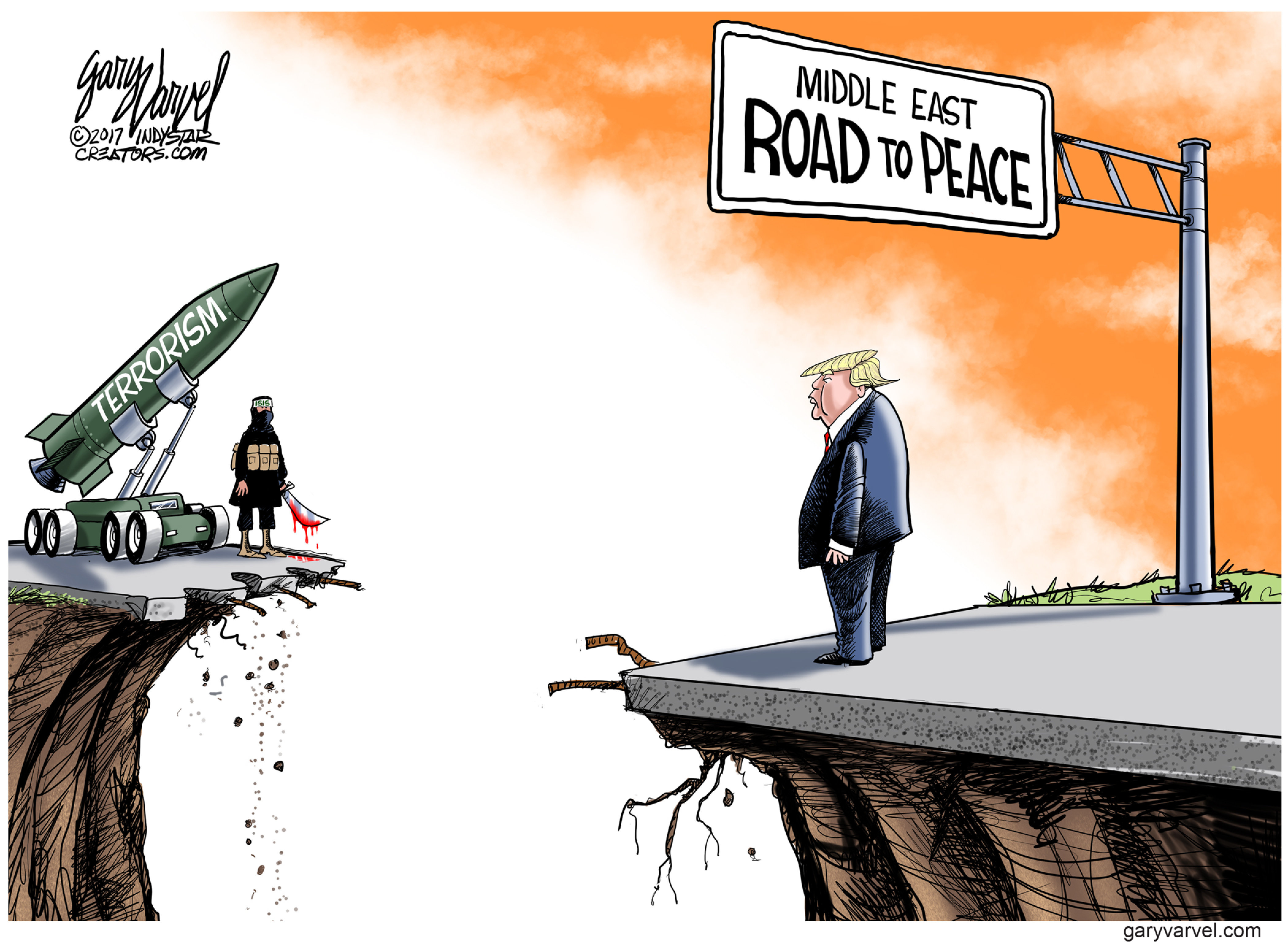 Political cartoon . Trump abroad Middle East peace terrorism