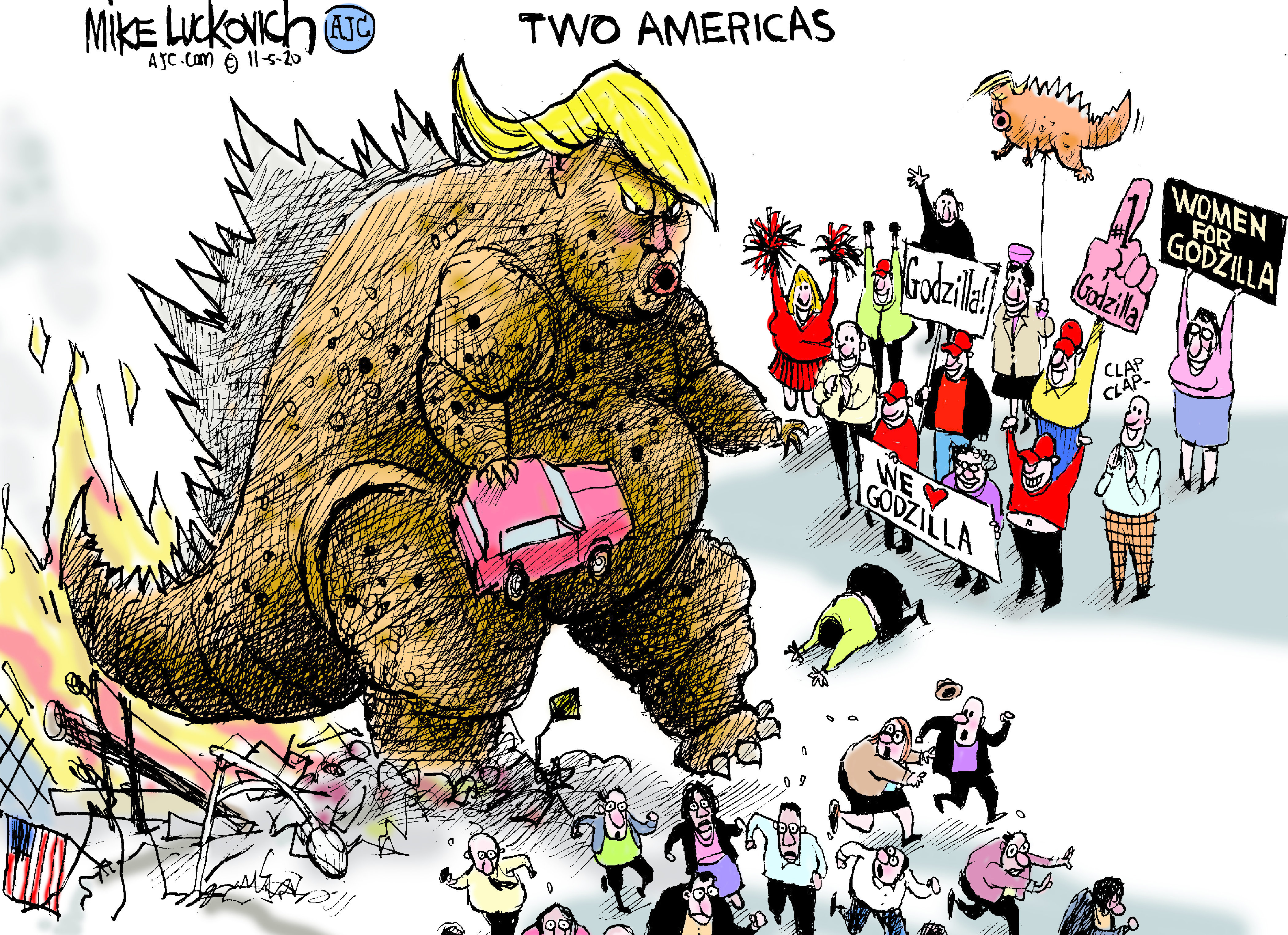 Political Cartoon U.S. Trump Godzilla two Americas