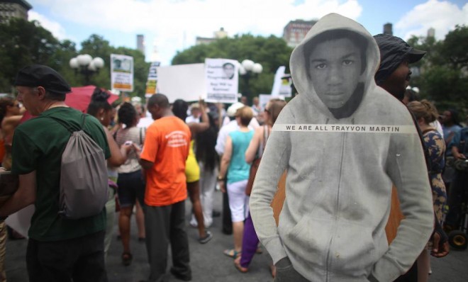 People gather at a rally honoring Trayvon Martin at Union Square in Manhattan on July 14.