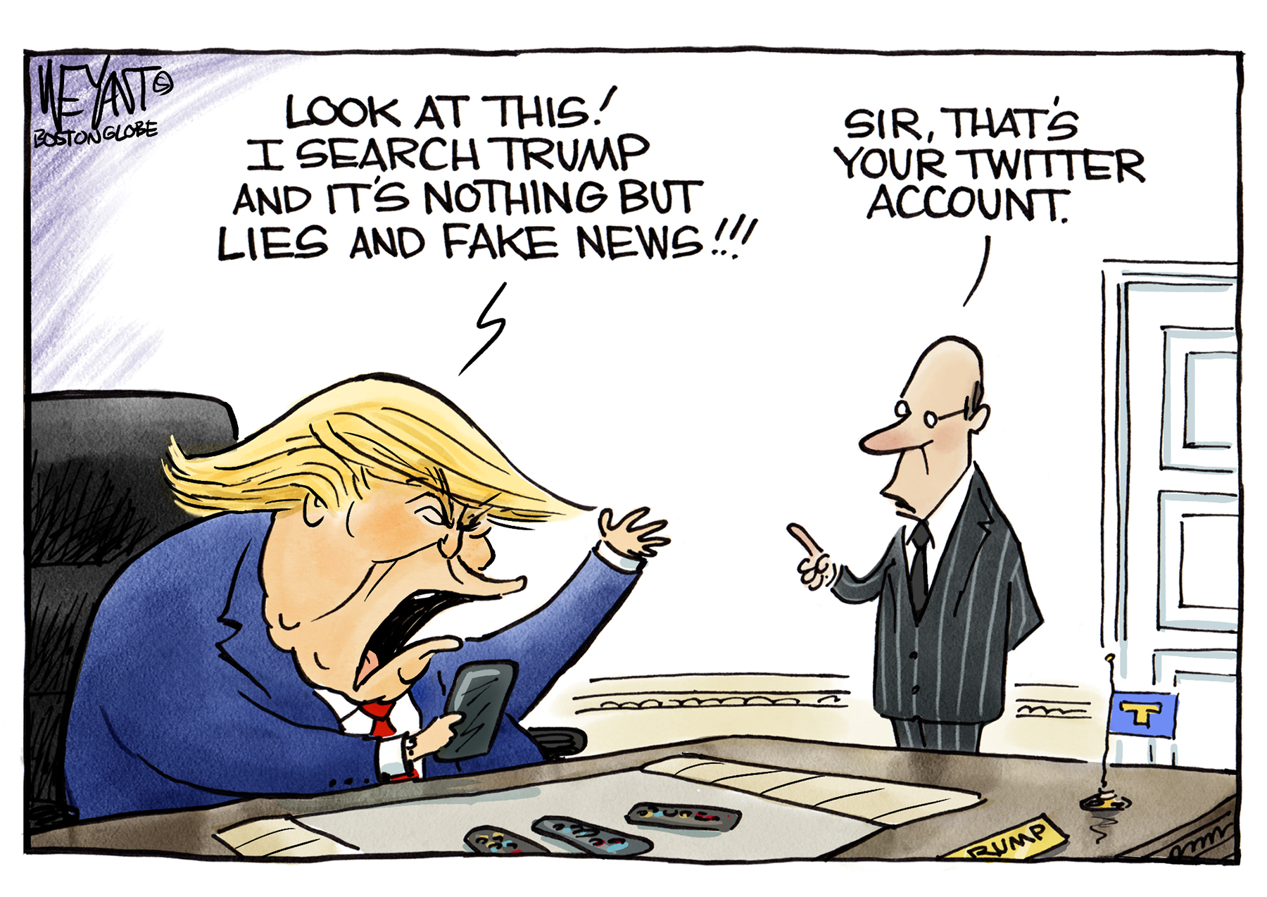Political cartoon  Trump Google fake news media lies Twitter