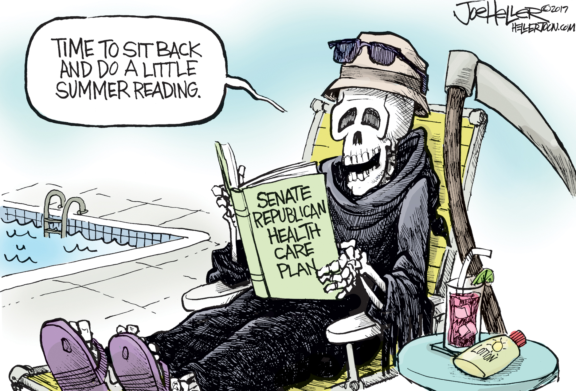 Political cartoon . Senate health care reform death summer reading