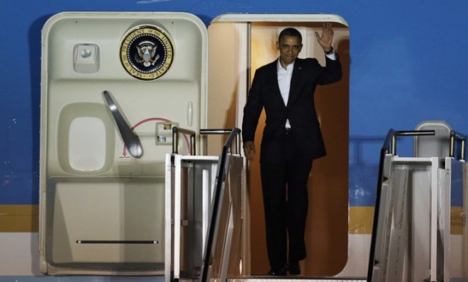 President Obama arrives at Palm Beach International Airport on Feb. 15 to begin his &quot;secret&quot; vacation.