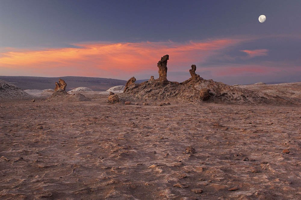 Salt pillars rise from the desert floor in Valle de la Luna.