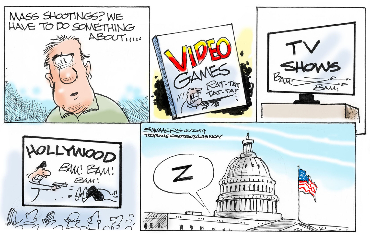 Political Cartoon . Mass Shootings Violent Video Games TV Shows Movies  Congressional Inaction