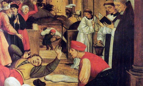 A painting depicting priests standing before a bubonic plague victim: Scientists have successfully recreated the deadly bug to help understand modern illnesses.