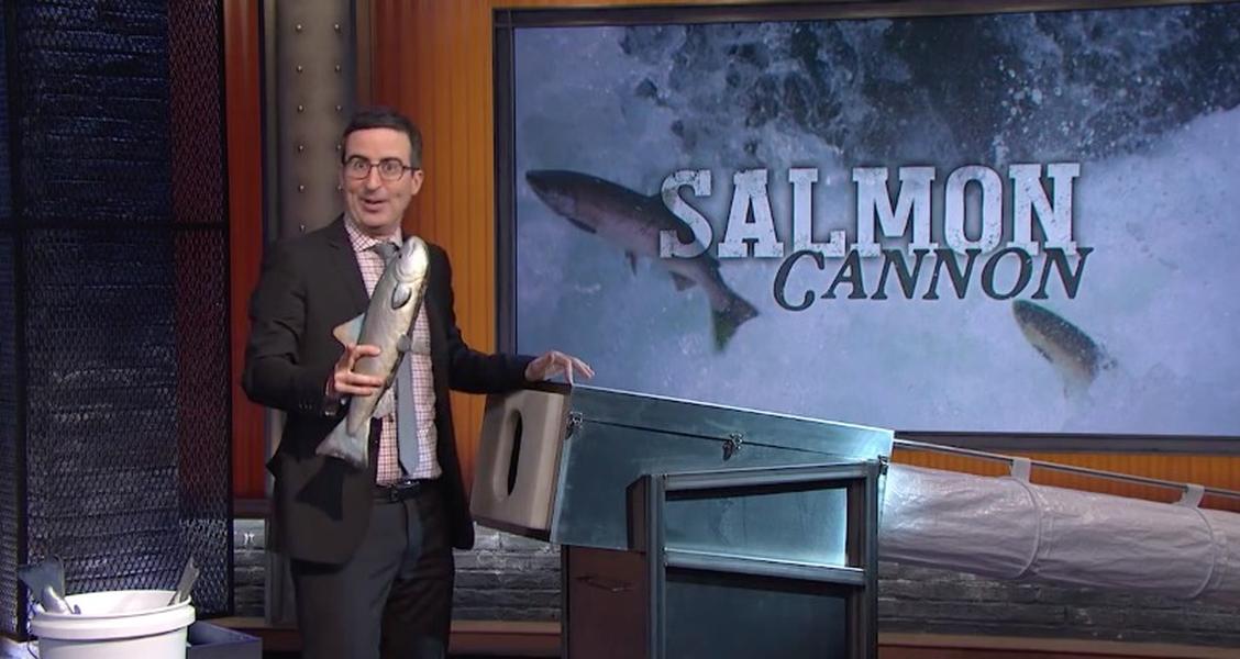 John Oliver pelts his A-list TV rivals with a salmon cannon