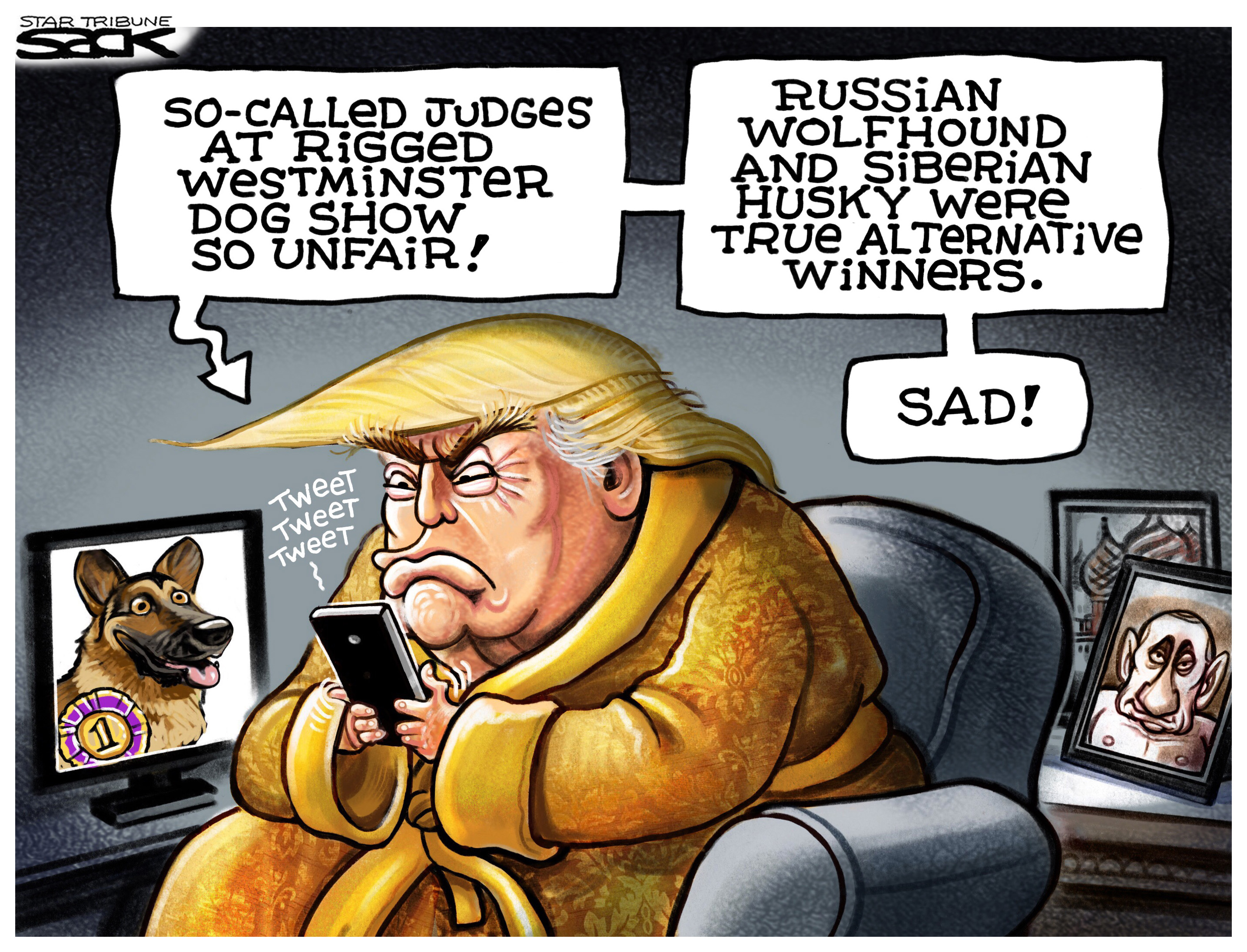 Political Cartoon . Trump tweet Westminster dog show Russia alternative  winner