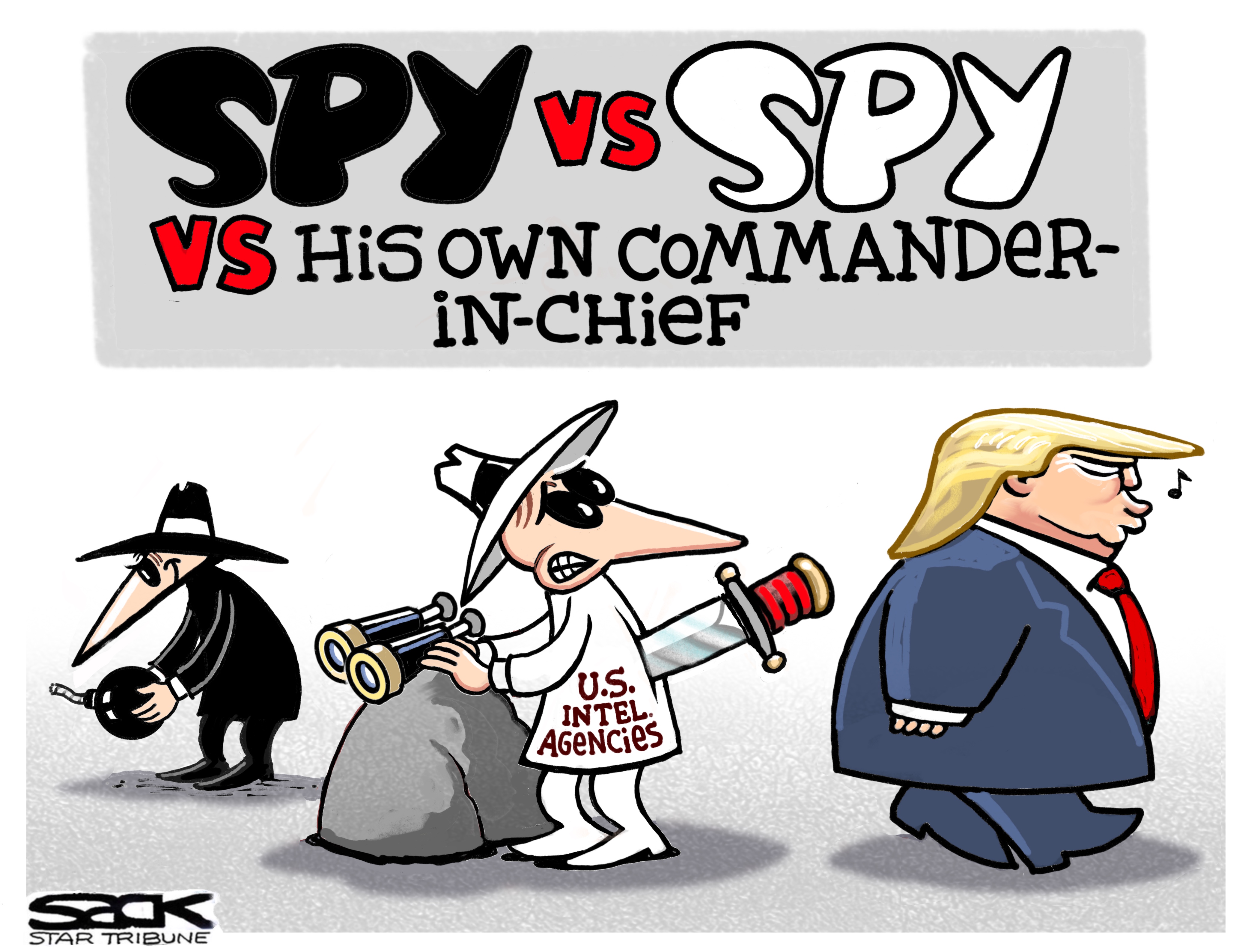 Political Cartoon . Trump Spy vs Spy Intelligence Agencies