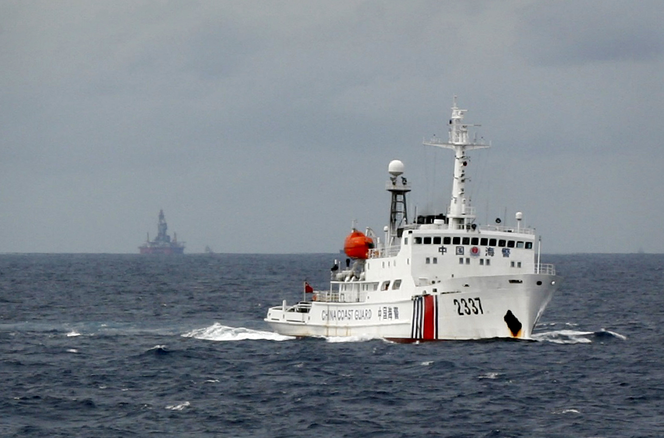 A Chinese Coast Guard vessel motors in the South China Sea.