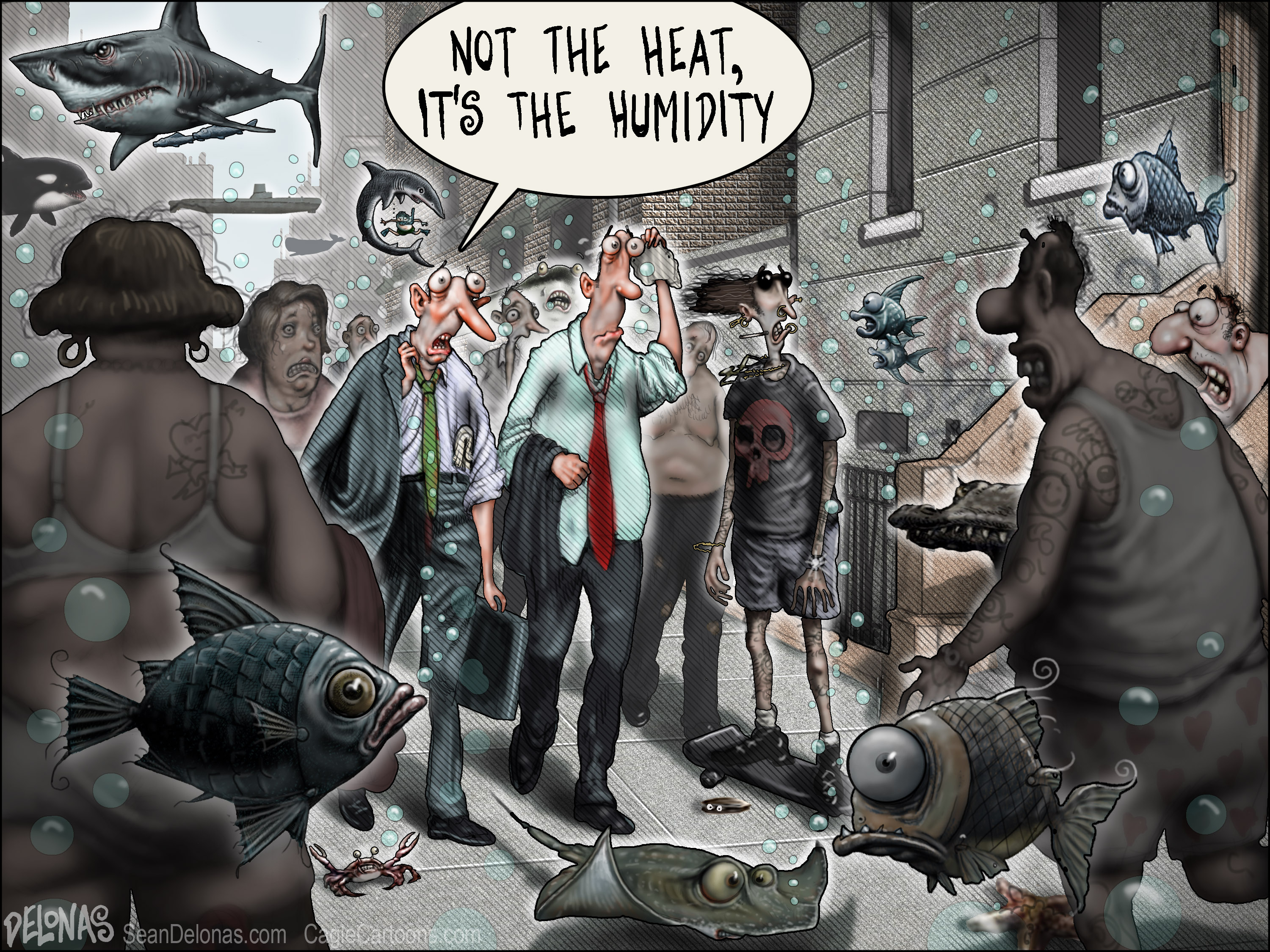 Editorial cartoon . hot weather heat humidity climate