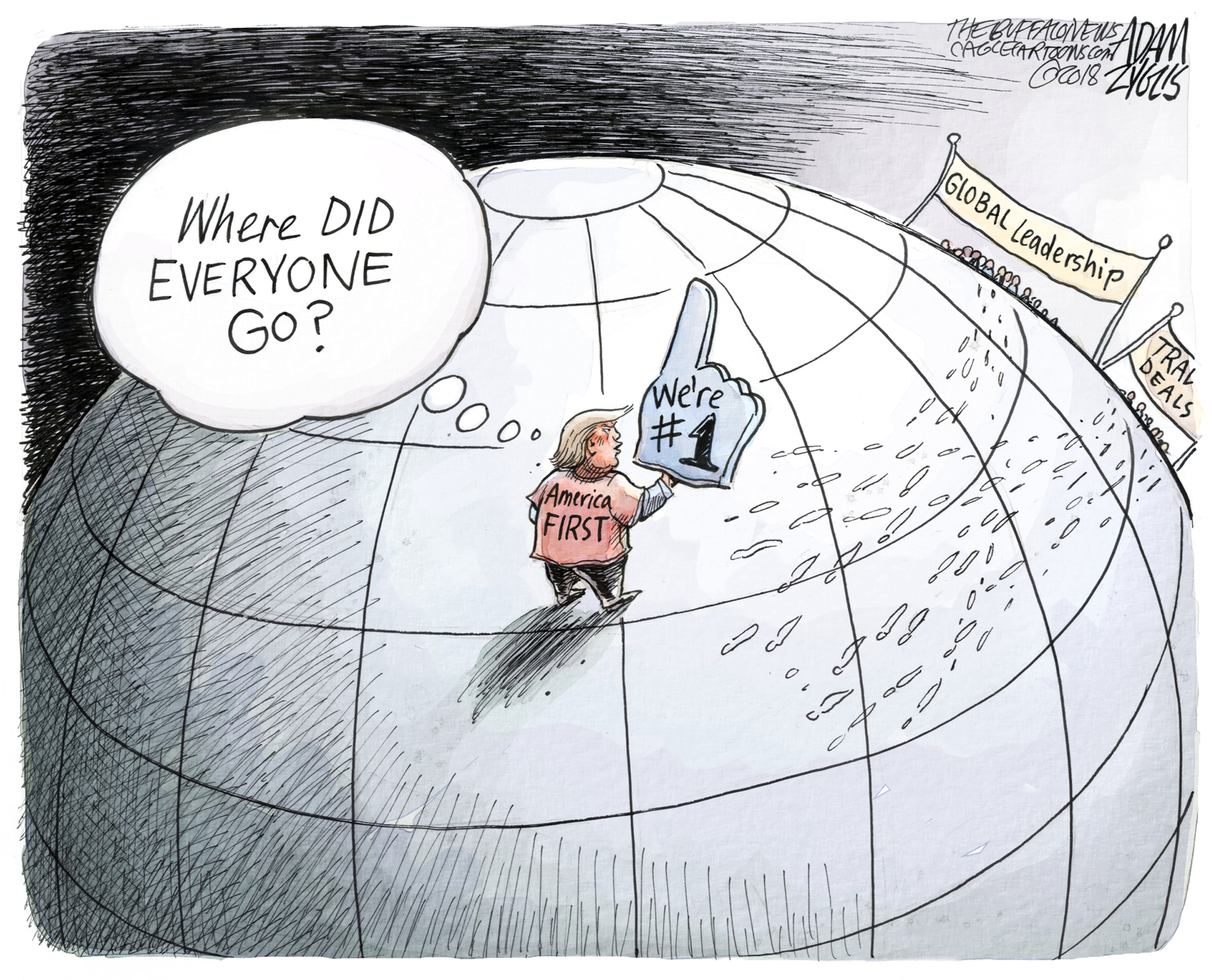 Political cartoon . Trump World Economic Forum Davos America First trade  deals