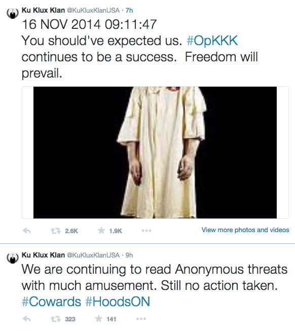 Anonymous and the KKK are having a Twitter fight over Ferguson protests. Anonymous is winning.