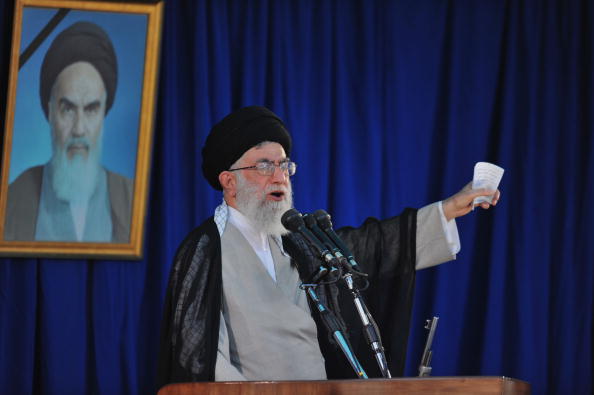 Iran&#039;s supreme leader Ayatollah Ali Khamenei delivers a speech.