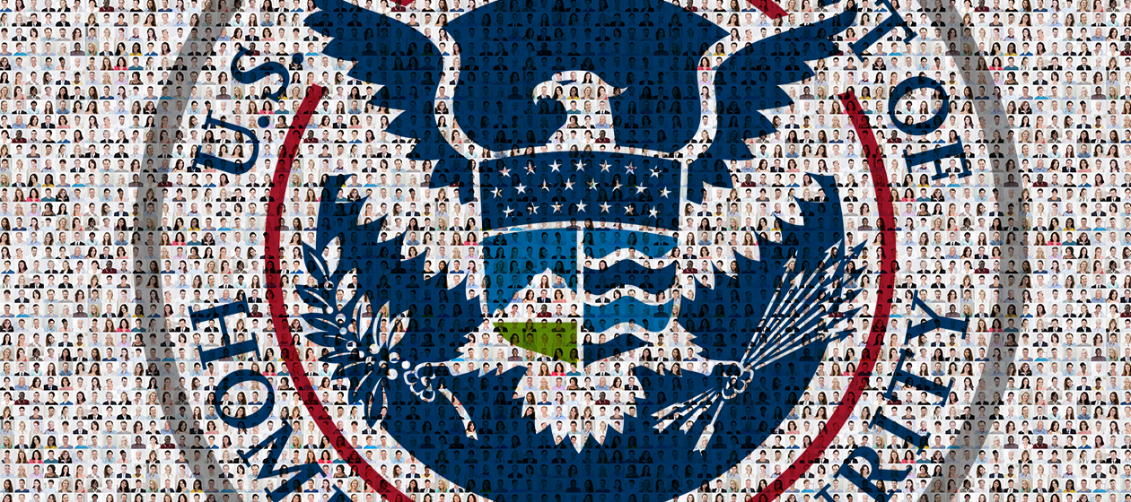 The DHS logo and the faces of people.