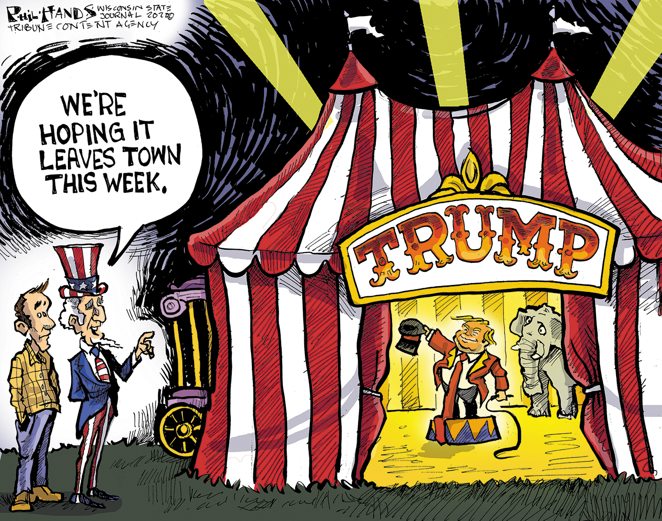 Political Cartoon . Trump 2020 circus