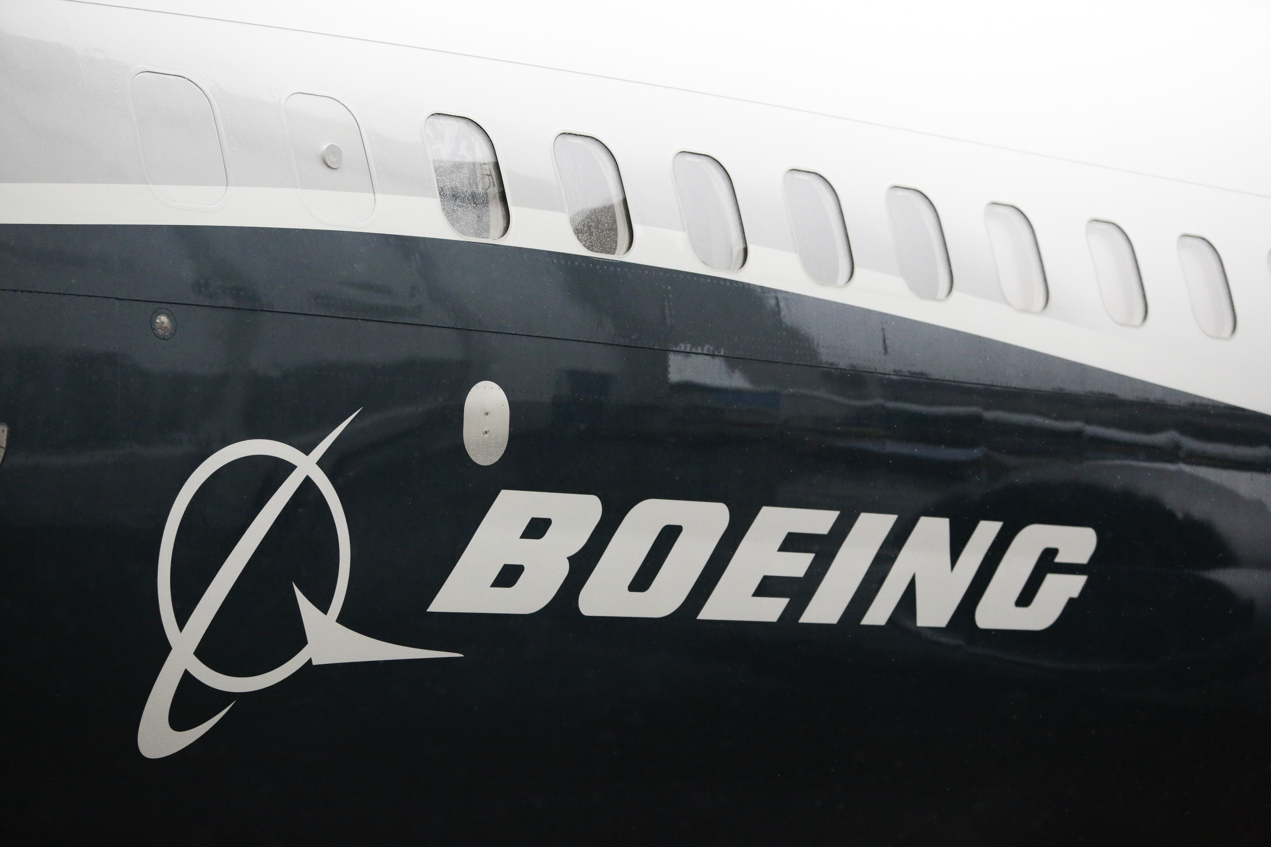 The Boeing logo on an airplaine
