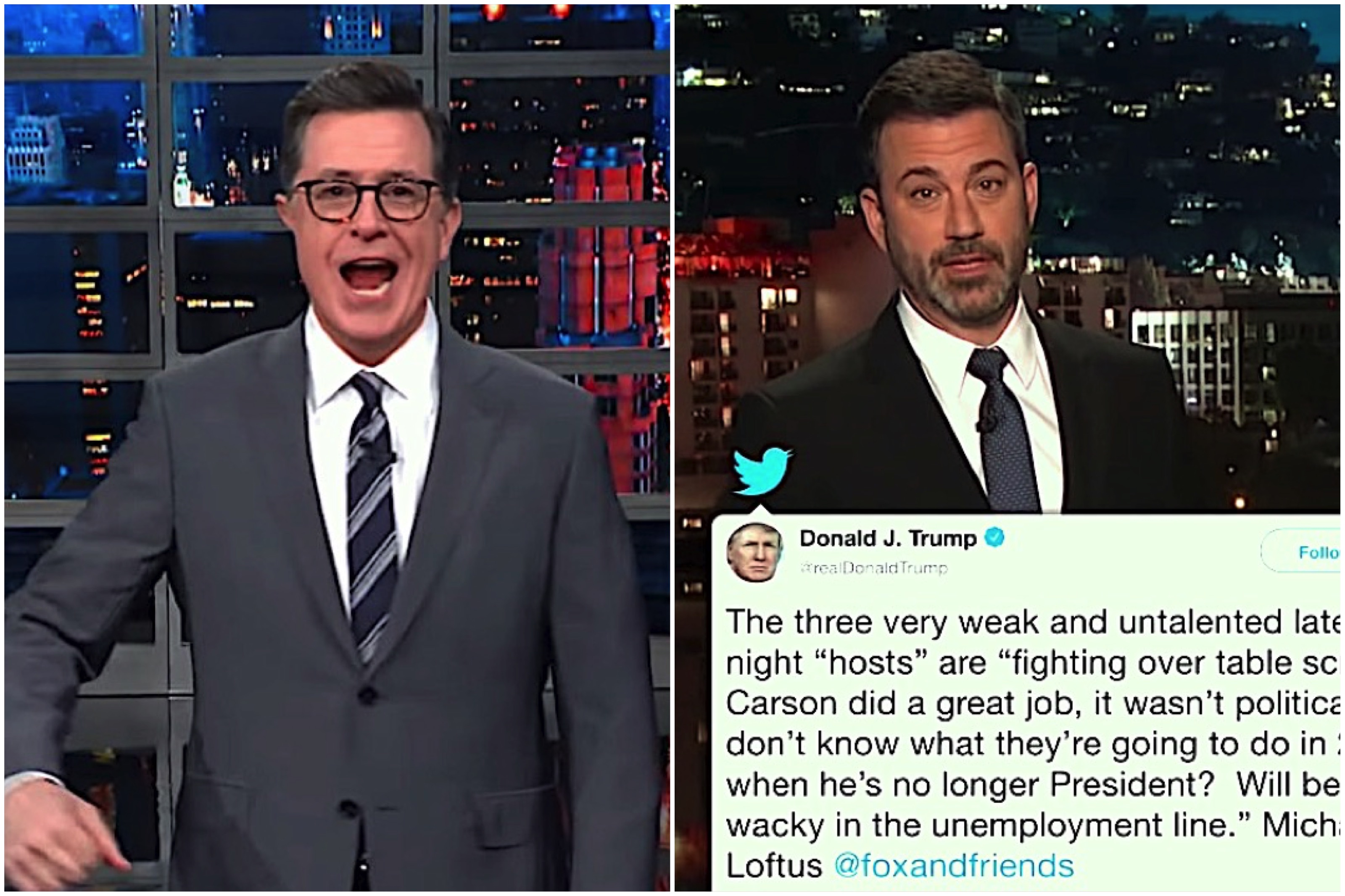 Stephen Colbert and Jimmy Kimmel push back at Trump
