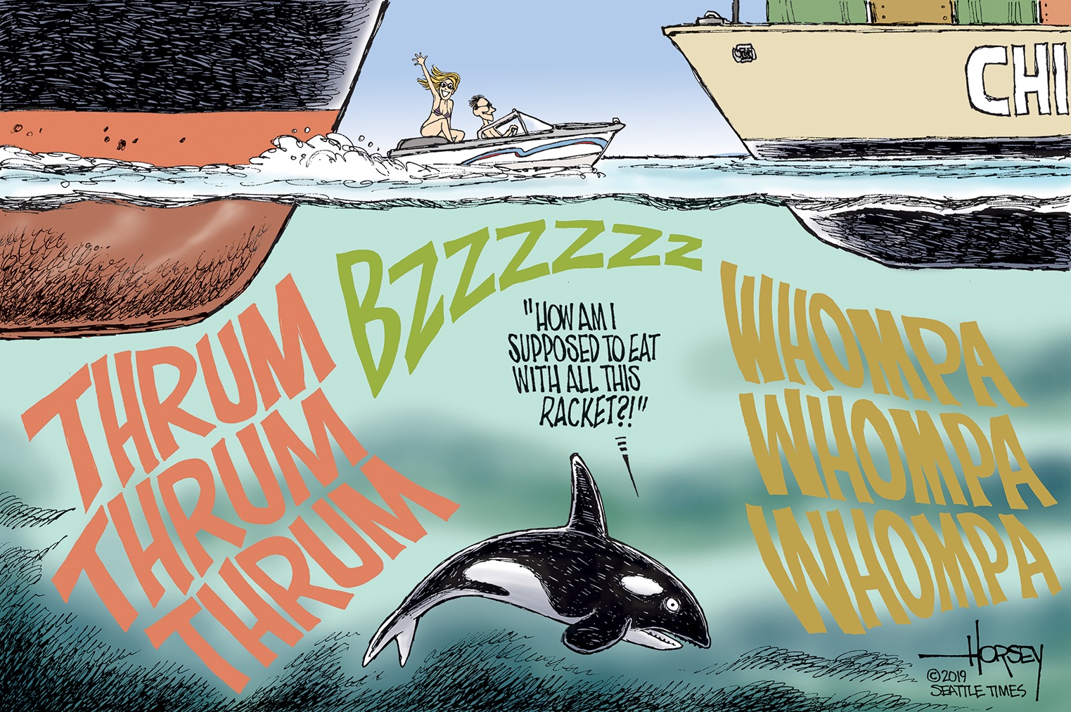 Political Cartoon . Orcas Noise Pollution Shipping Boats