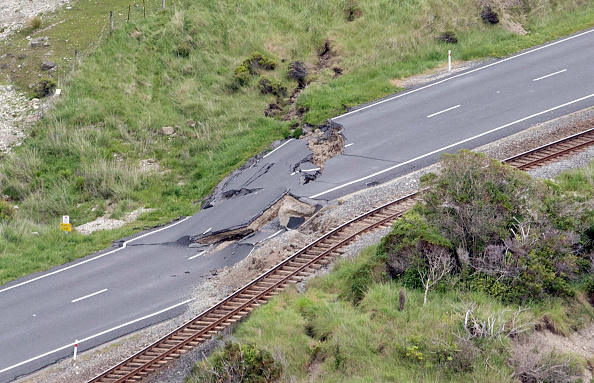 A buckled road in Kaikoura, New Zealand.
