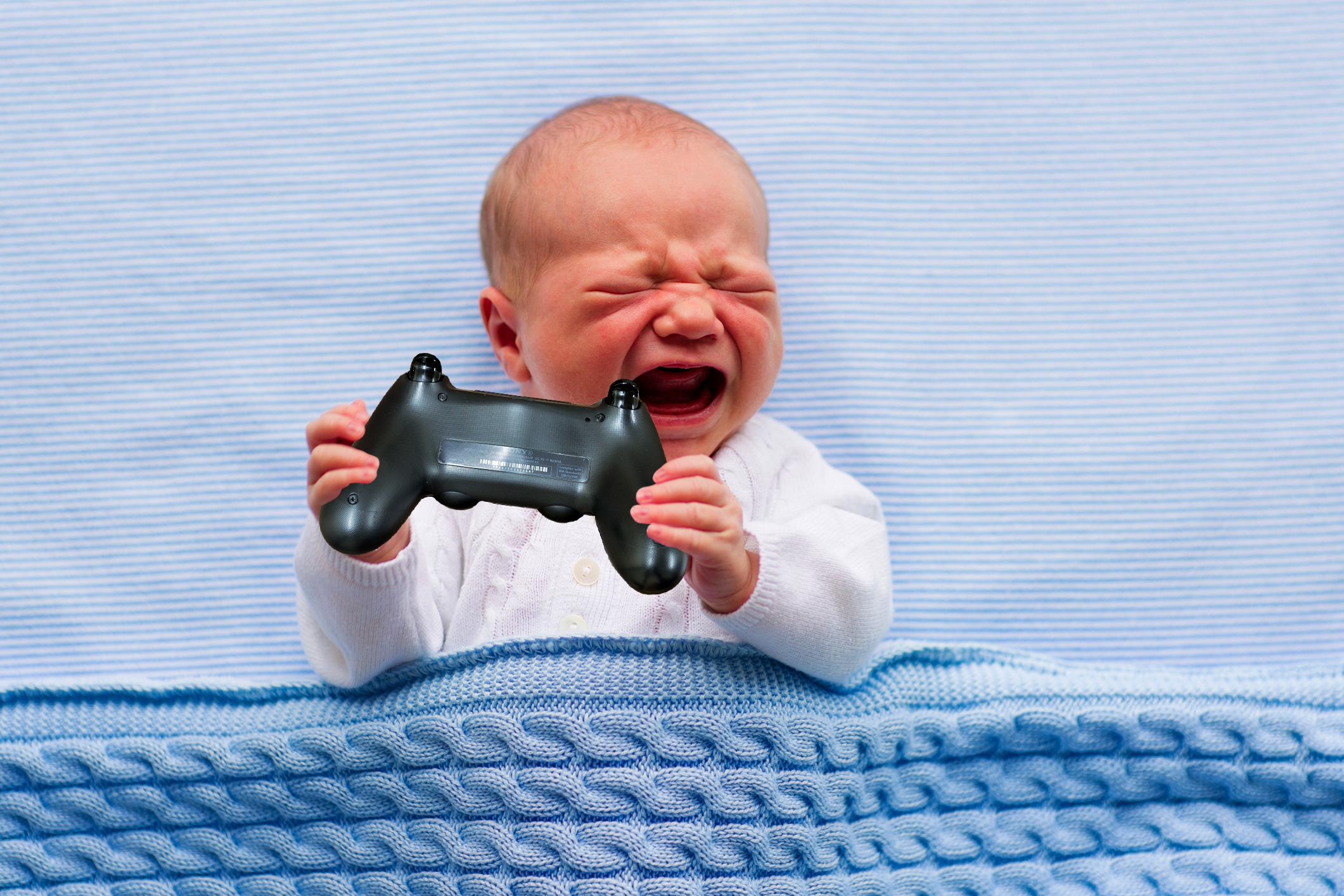 Baby cries, holding video game controlling