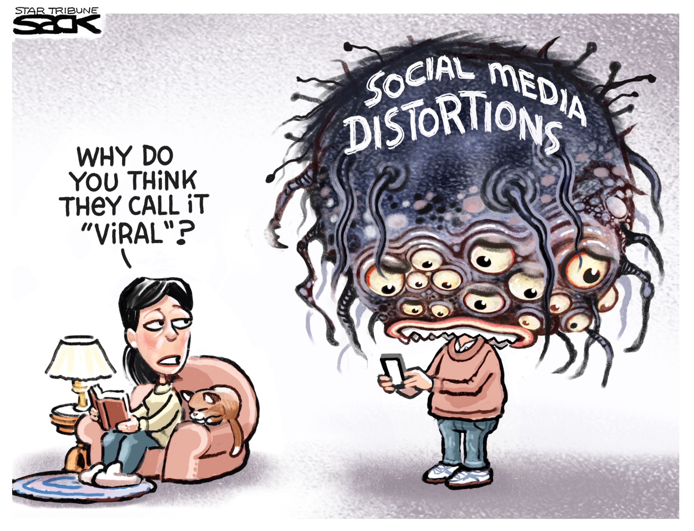 Editorial cartoon . viral social media distortions