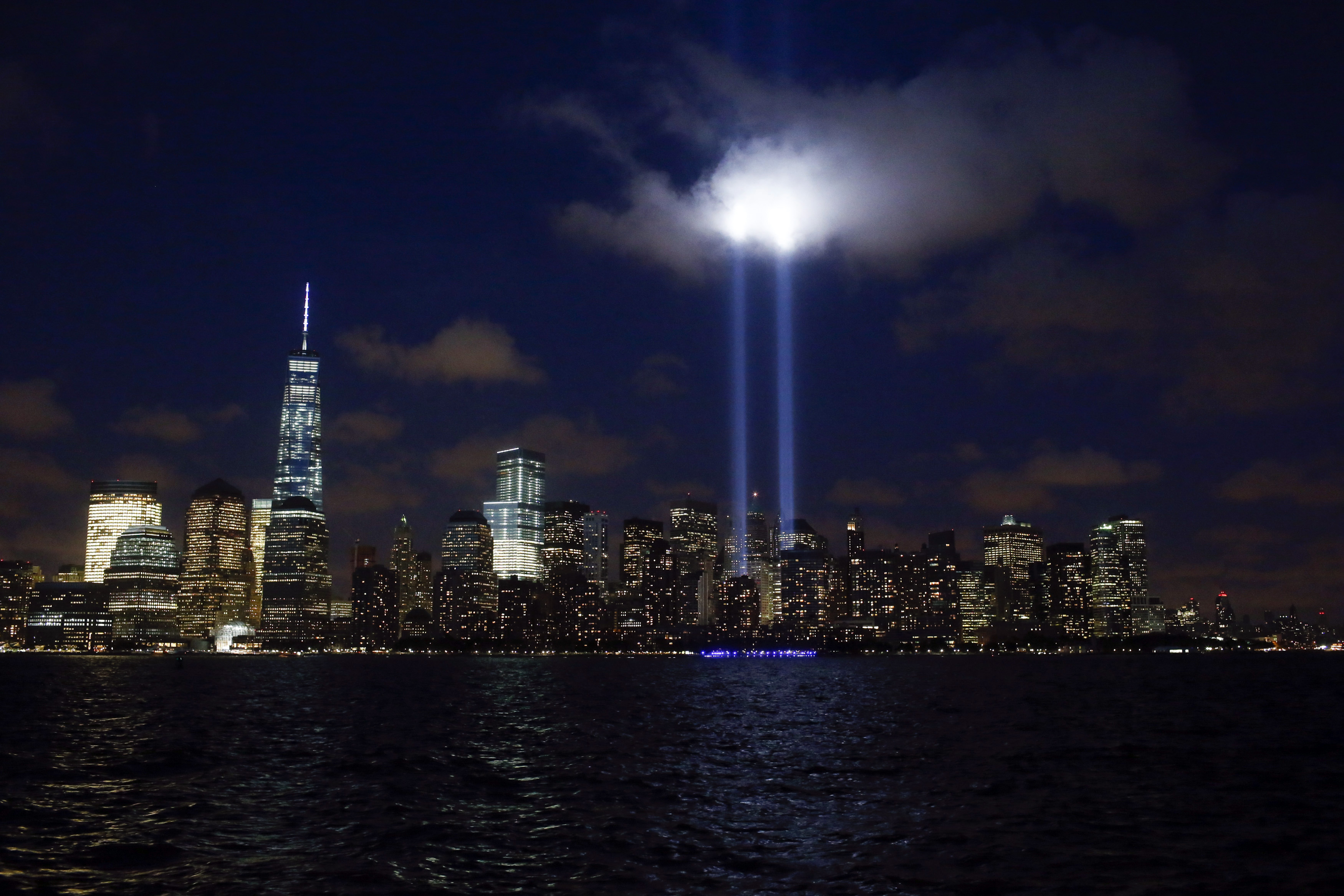 The Tribute in Light illuminated on the skyline of lower Manhattan in 2014.
