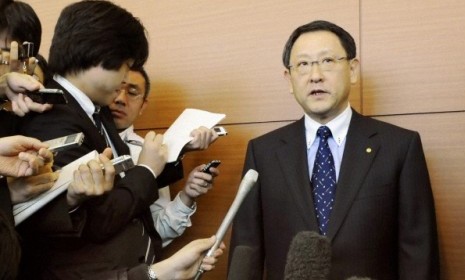 Toyota President Akio Toyoda speaks to reporters in Nagoya, Japan.