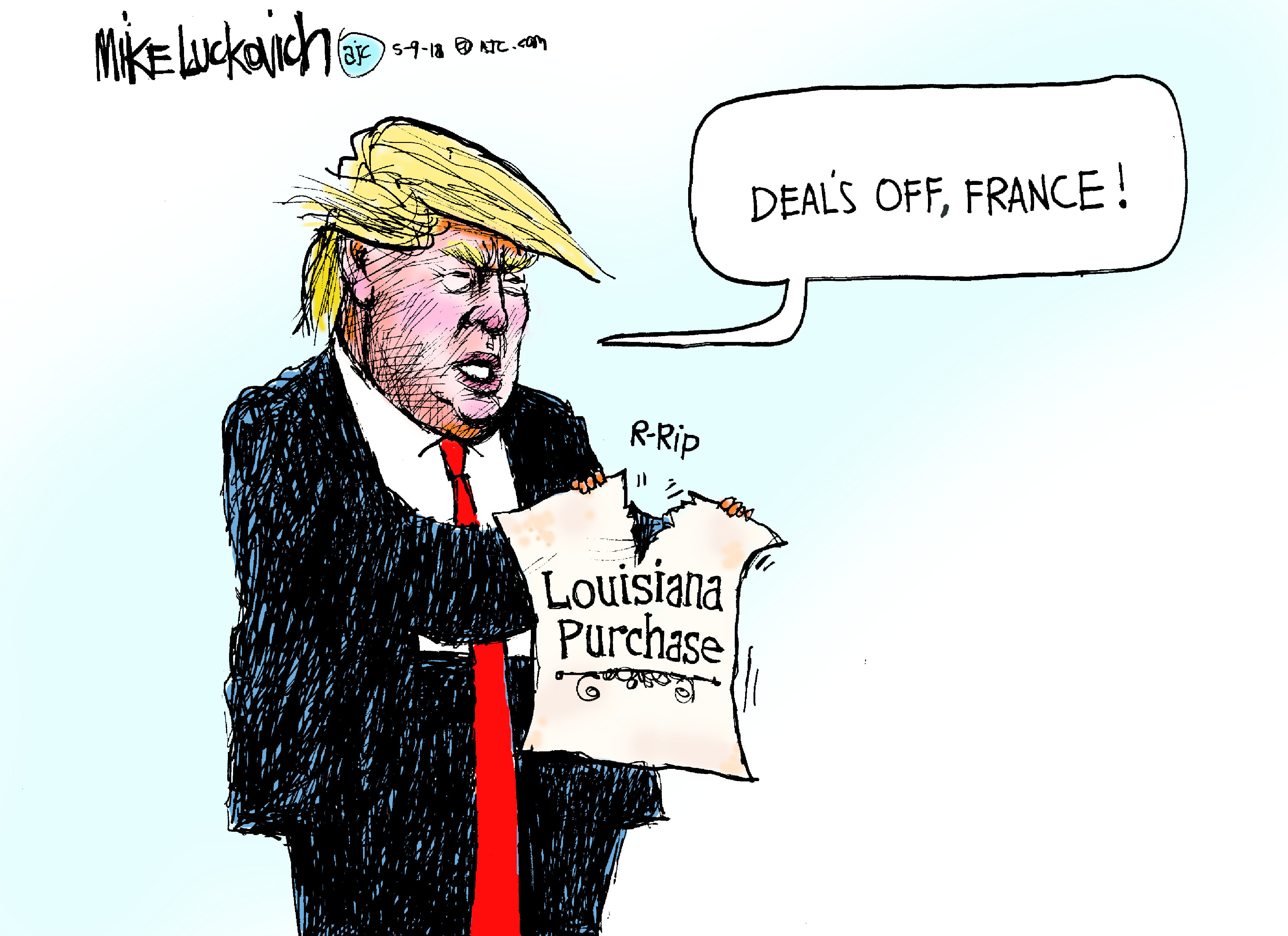 Political cartoon U.S. Trump Iran nuclear deal Louisiana Purchase France