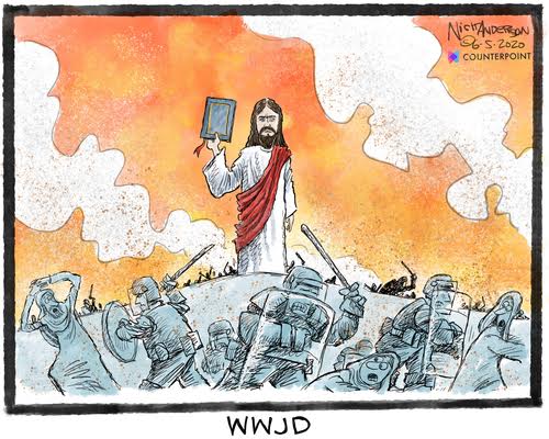 Editorial Cartoon U.S. WWJD Trump Bible photo op