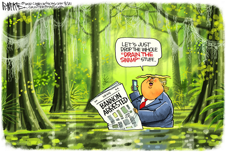 Political Cartoon . Trump Bannon arrest drain the swamp