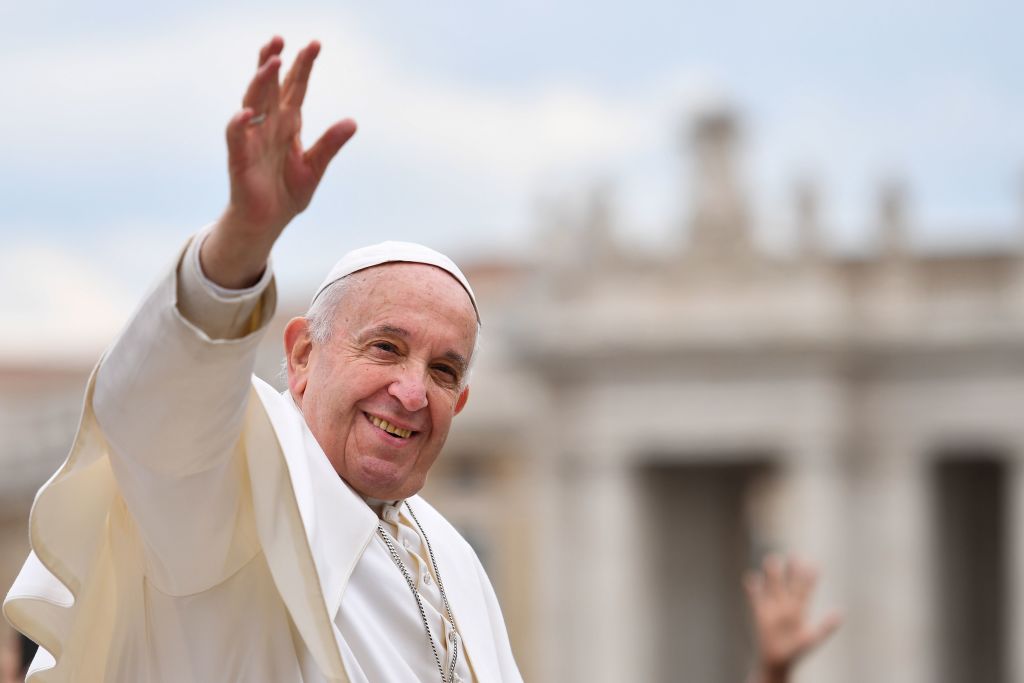 Pope Francis waves to worshipers at the end of the weekly general audience on April 3, 2019 at St. Peter&#039;s square in the Vatican.