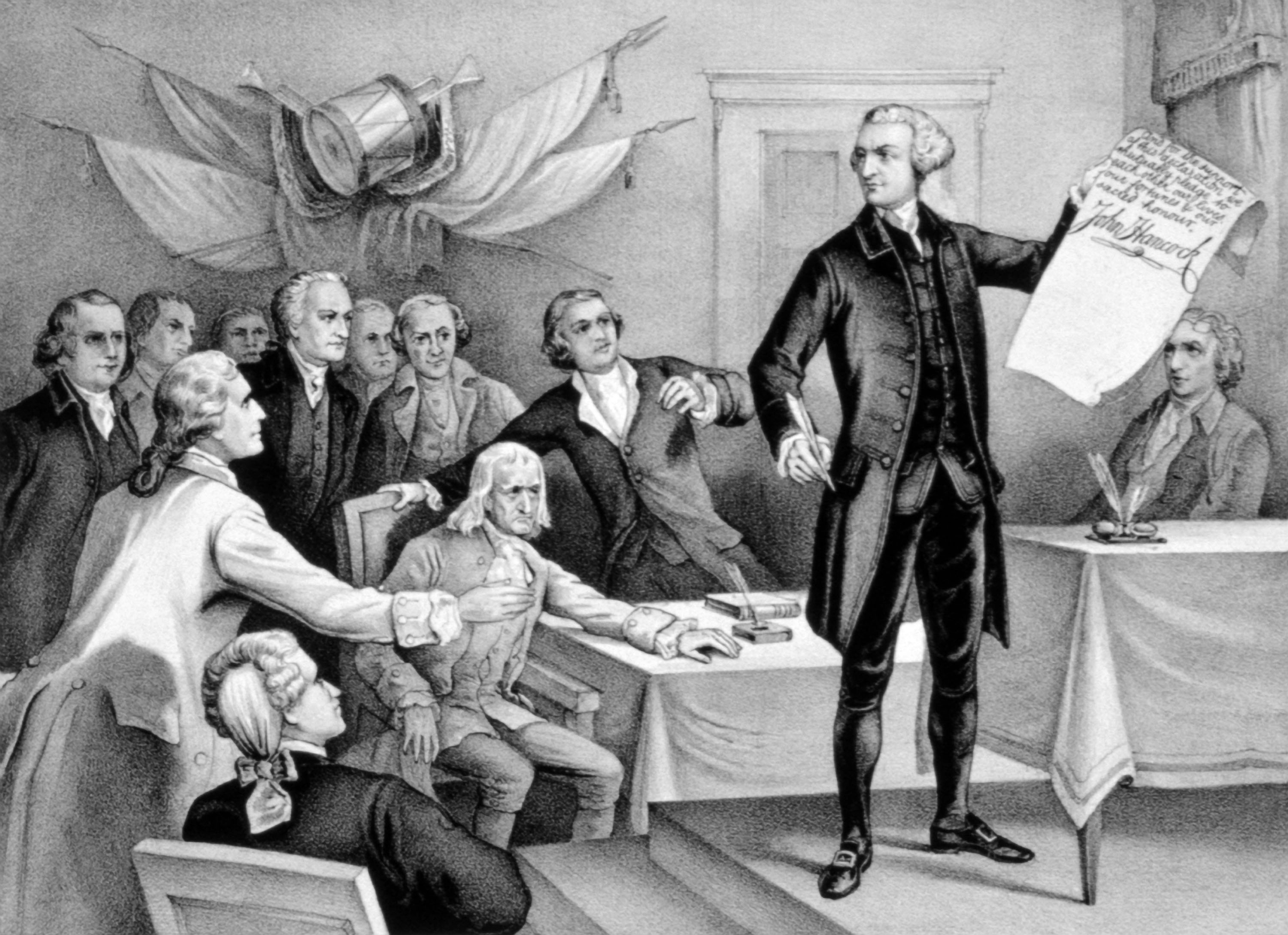 An illustration of John Hancock at the signing of the Declaration of Independence.