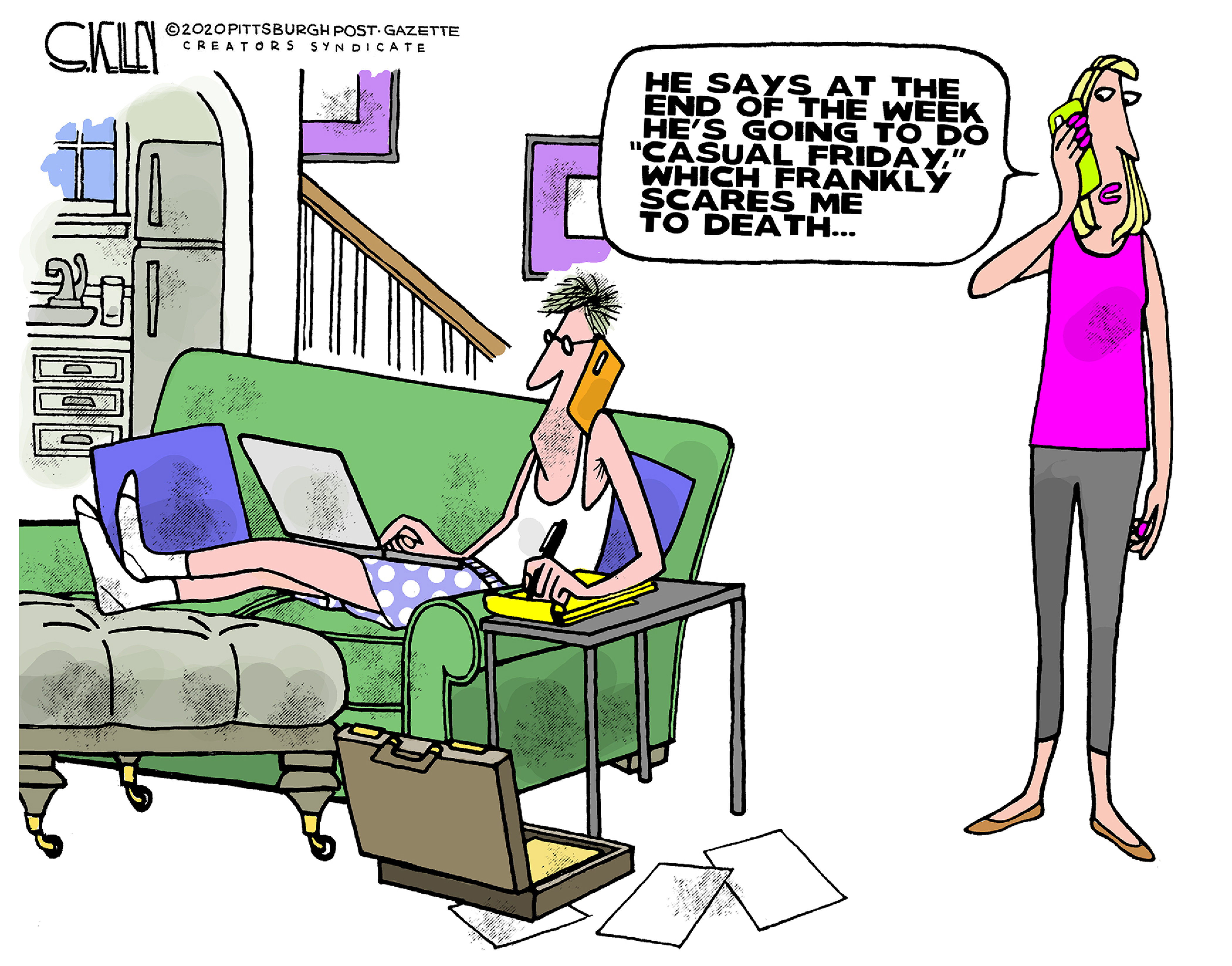 Editorial Cartoon U.S. casual Friday working from home happy hour