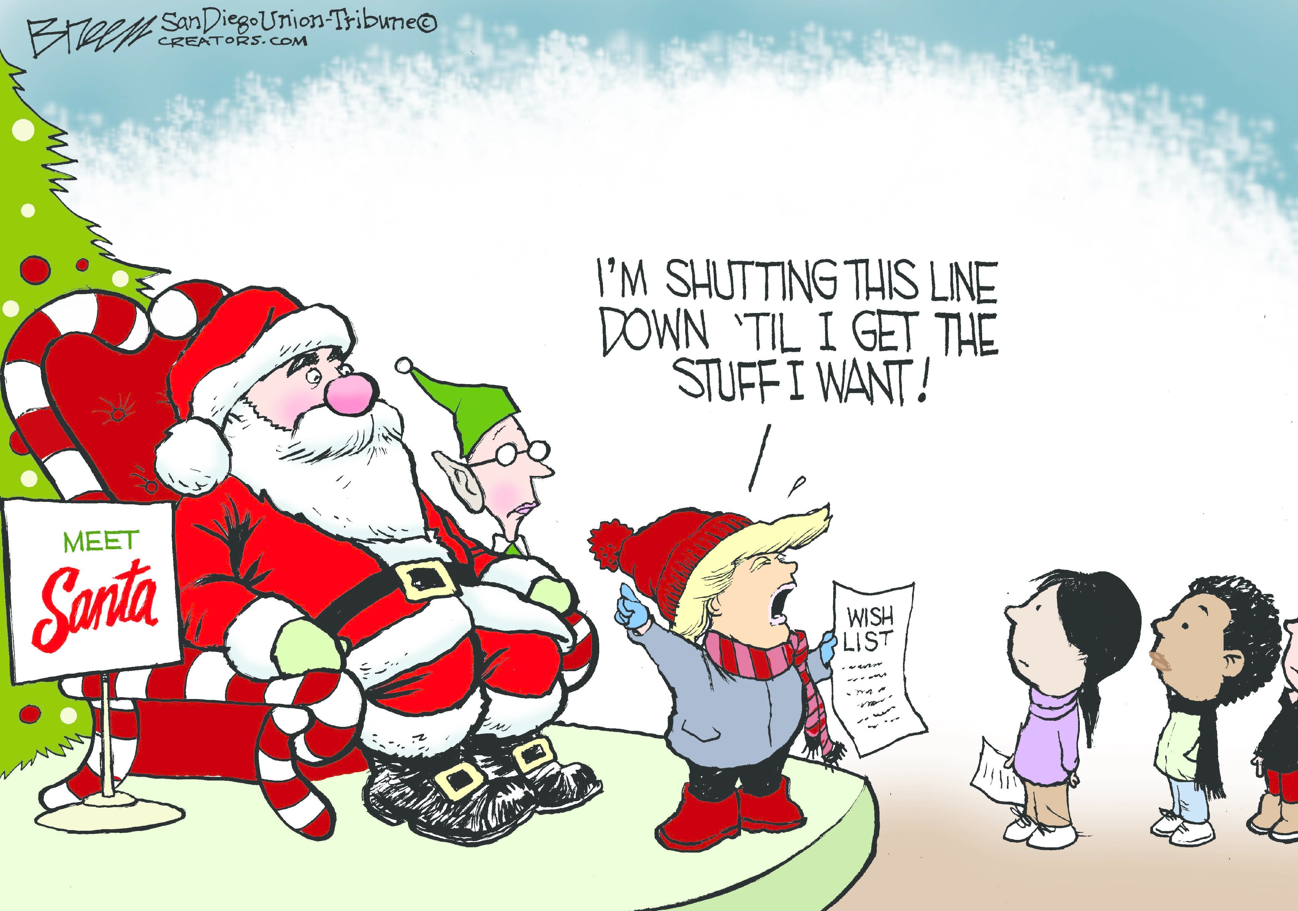 Political cartoon U.S. Trump government shut down wishlist Santa Christmas